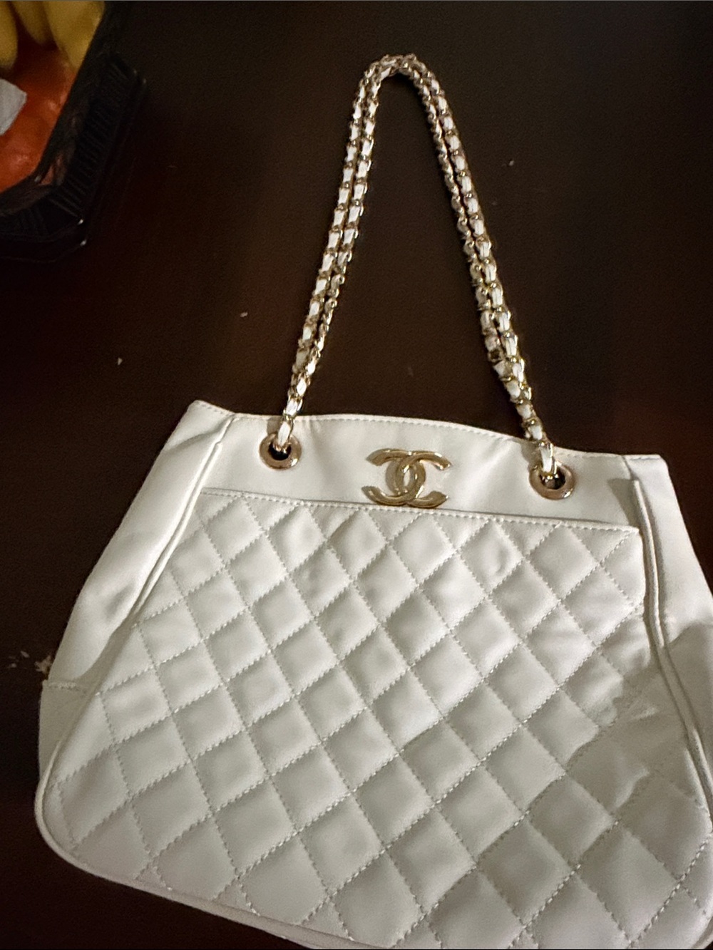 CC Skye White Quilted Shoulder Bag with Gold Chain Handles